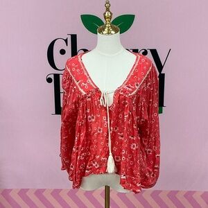 Free People Red Floral Tassel Peasant Blouse